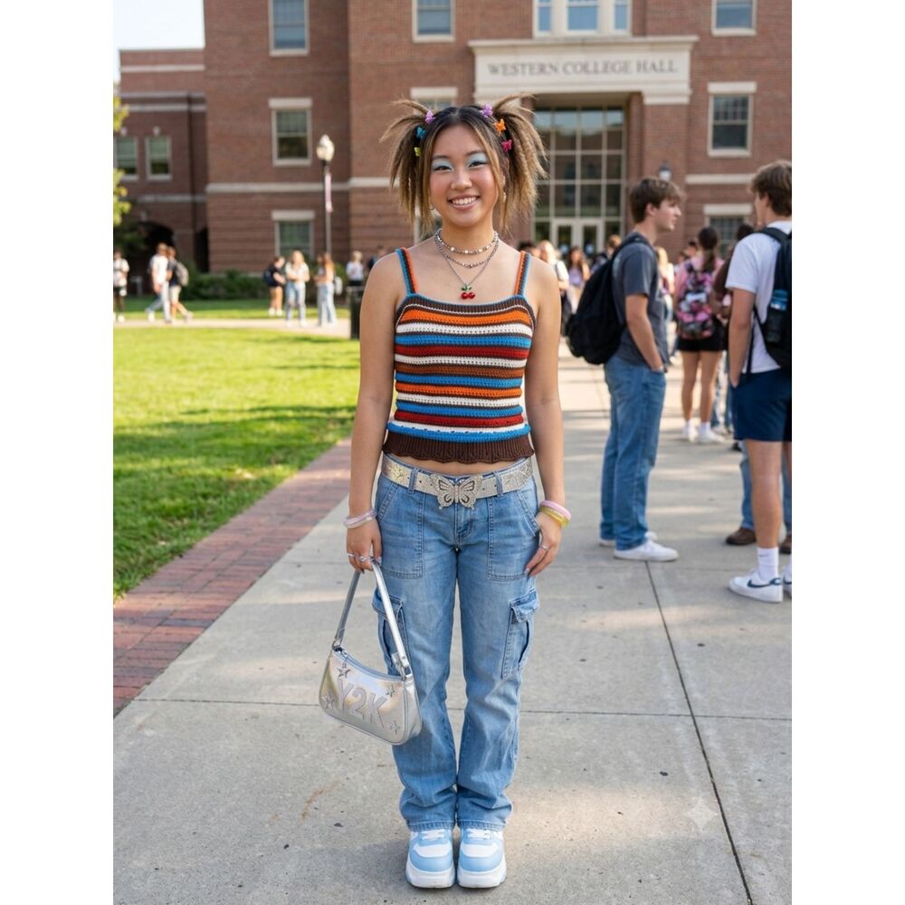 Page One Striped Knit Cami Tank Top Y2K Brown Blue Orange Crochet Style S